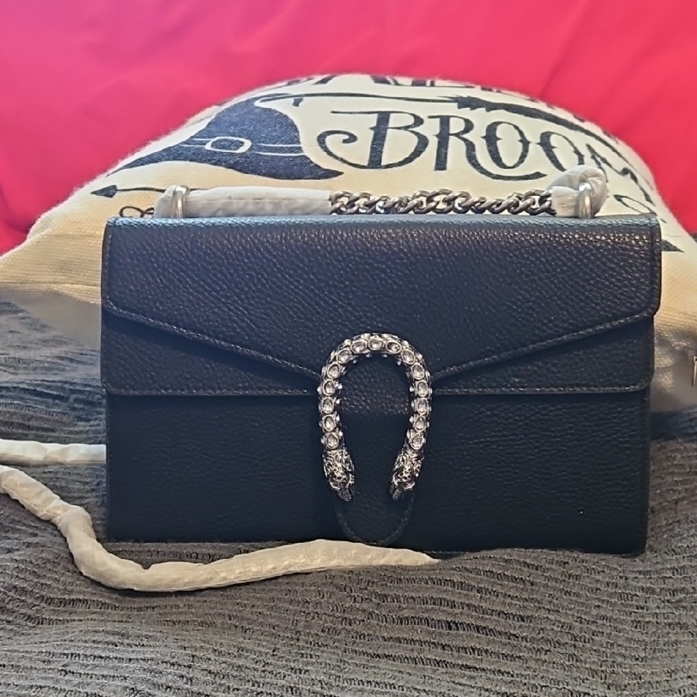 Designer Black Chain Crossbody Bag with Crystal Horseshoe Accent